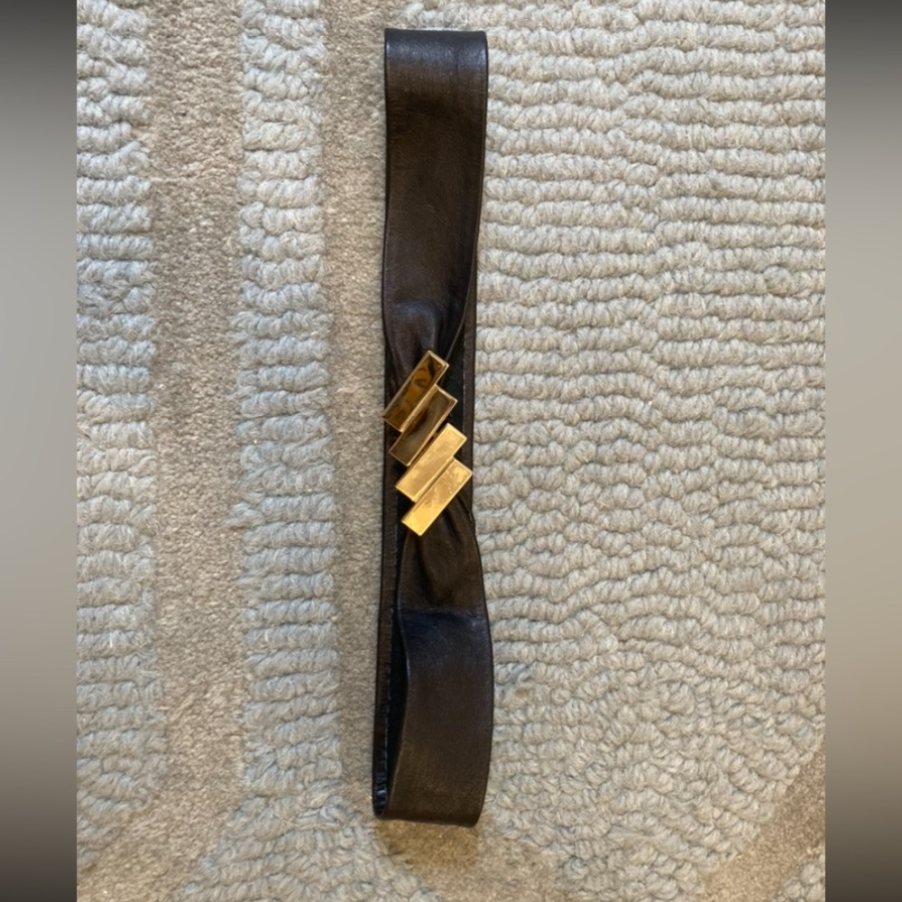 Black Leather Belt with Gold Geometric Buckle